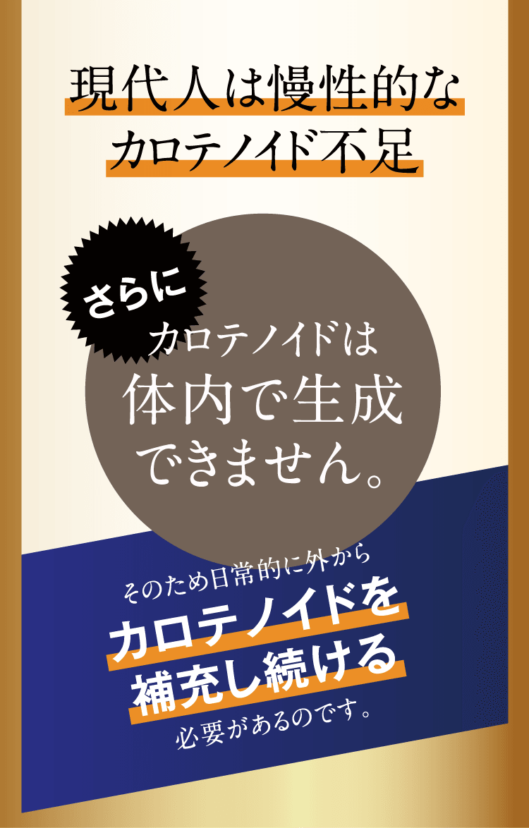 現代人は慢性的なカロテノイド不足。さらに、カロテノイドは体内で生成できません。