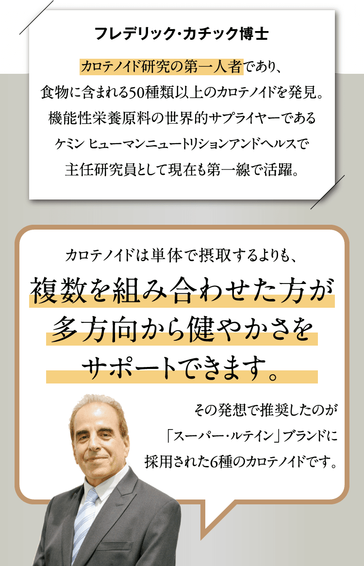 カロテノイドは単体で摂取するよりも、複数を組み合わせた方が多方向から健やかさをサポートできます。（フレデリック・カチック博士）