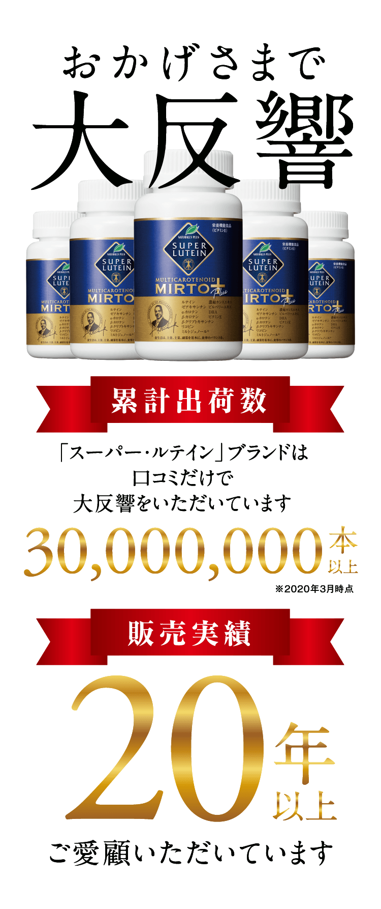 「スーパー・ルテイン」ブランドは口コミだけで大反響をいただいています。販売実績20年以上ご愛顧いただいています。